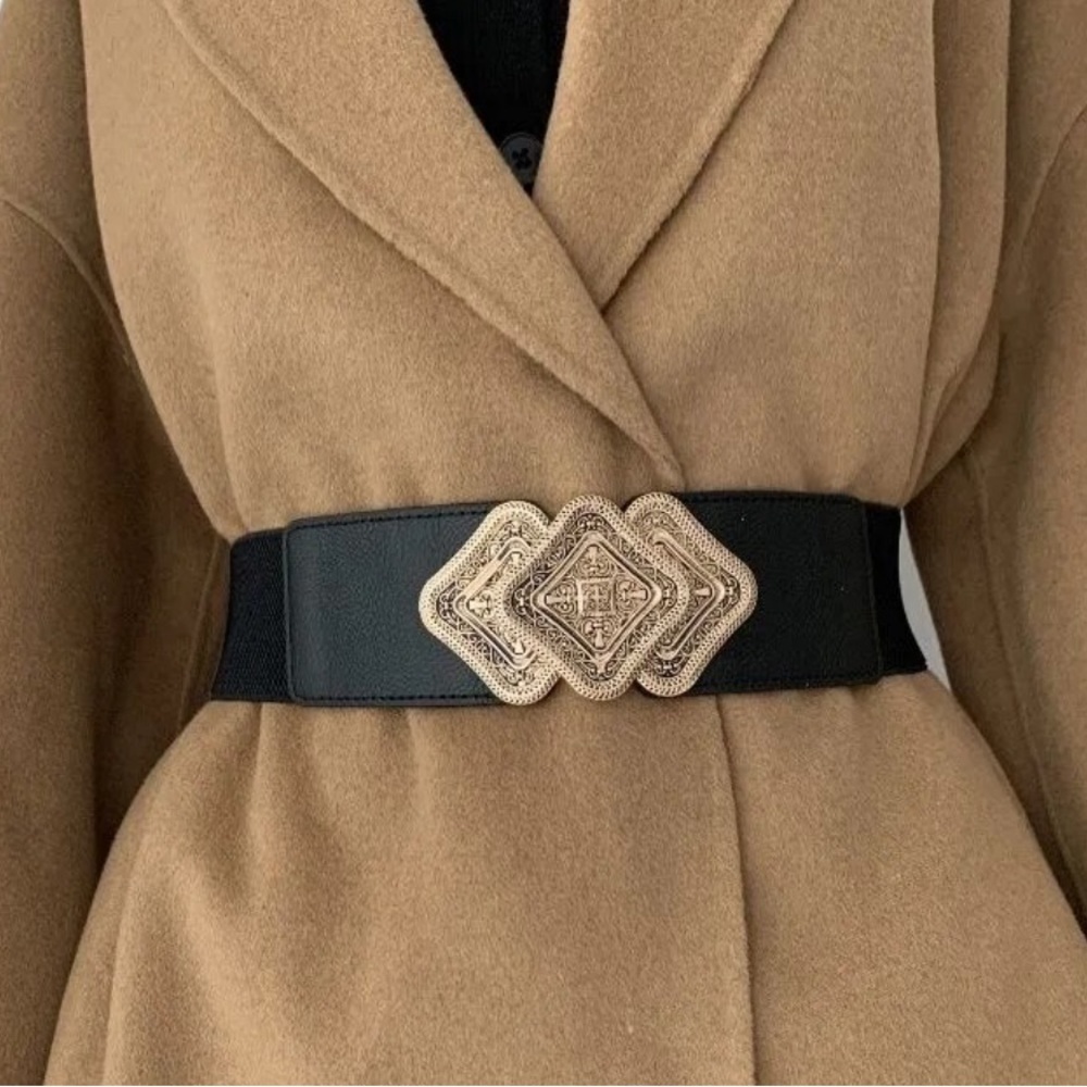 Black Elastic Leather Gold Buckle Fashion Belt - Picture 8 of 9